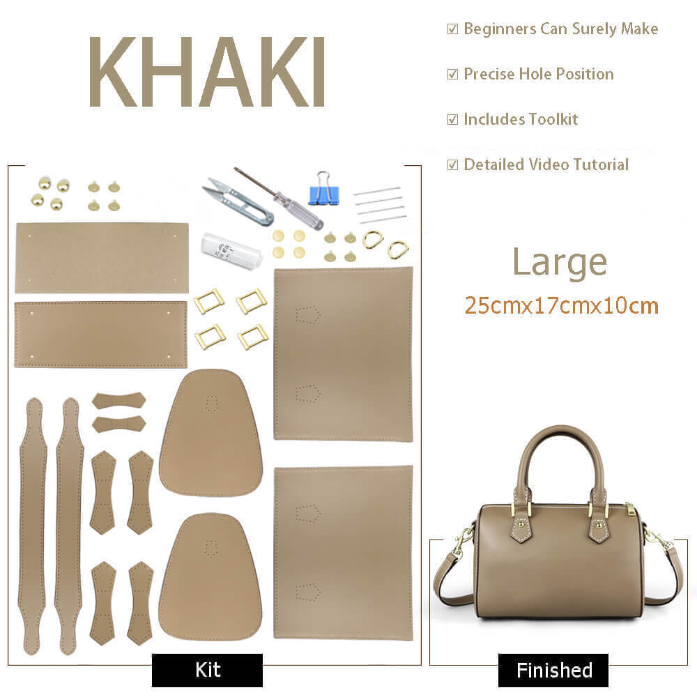 Large Boston - Style Leather Bag DIY Kit – Babylon Leather - Babylon LeatherBabylon LeatherSY10-Large-Khaki-White
