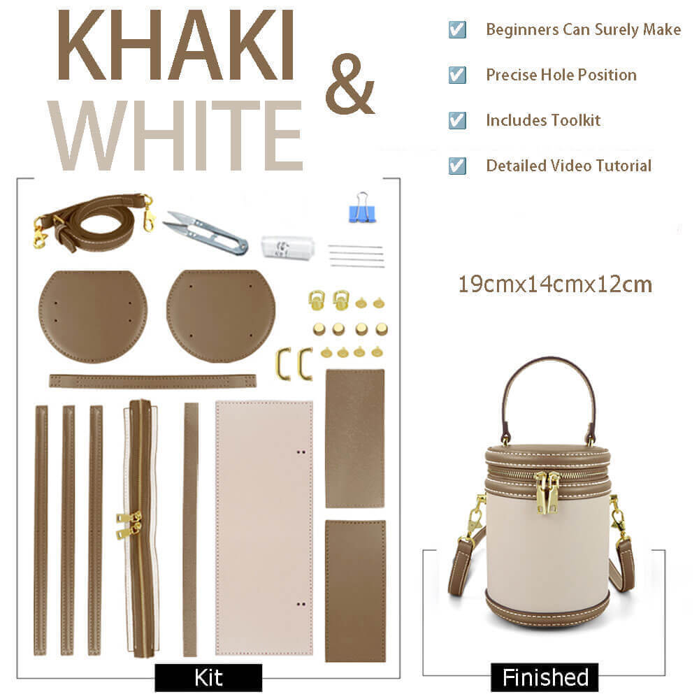 Leather Bucket Bag DIY Craft Kit – Babylon Leather - Babylon LeatherBabylon LeatherSY61-Khaki & White-Color-Matched