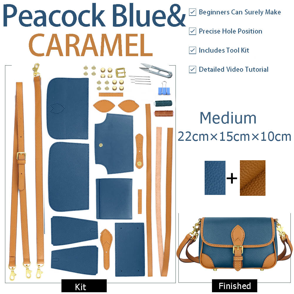 Leather Saddle Crossbody Bag DIY Kit – Babylon Leather - Babylon LeatherBabylon LeatherSY62-Peacock Blue & Caramel-Medium-Color-Matched