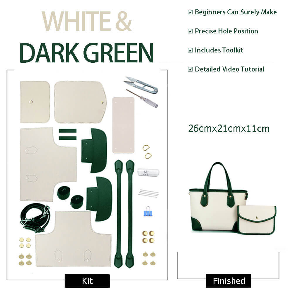 Leather Tote Bag Set DIY Sewing Kit – Babylon Leather - Babylon LeatherBabylon LeatherSY43-White & Green-White