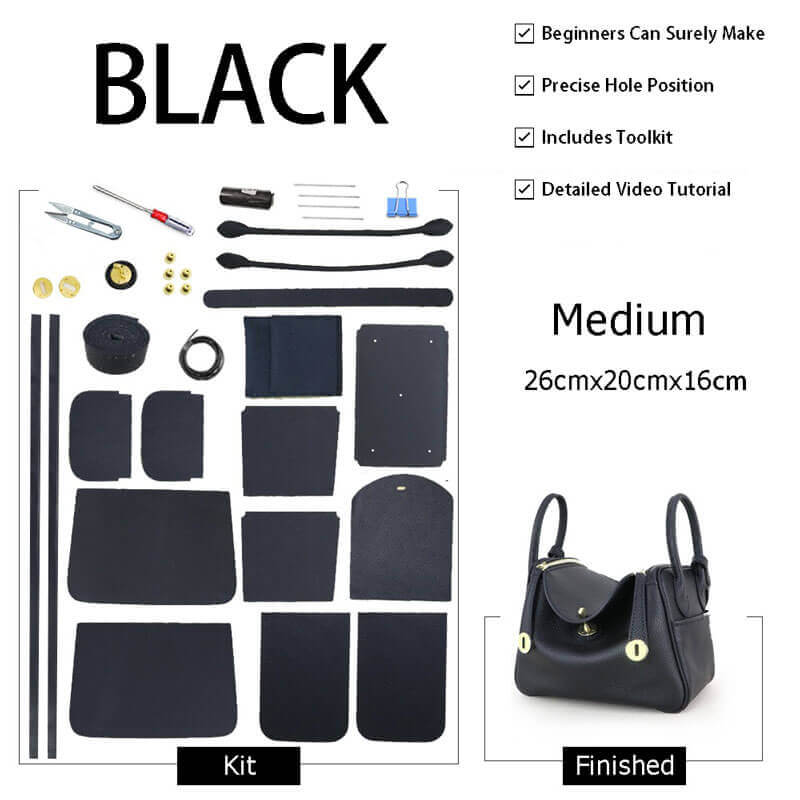 Lindy - Style Leather Bag DIY Craft Kit - Babylon Leather - Babylon LeatherBabylon LeatherSY06 - Black - Medium - Gold & Color - Matched