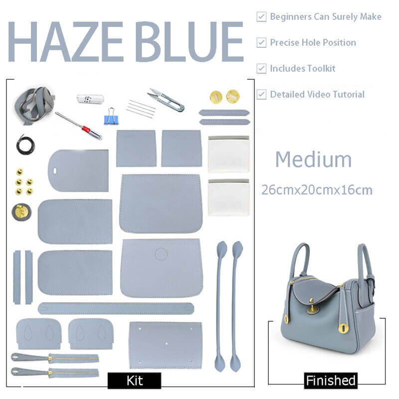 Lindy - Style Leather Bag DIY Craft Kit - Babylon Leather - Babylon LeatherBabylon LeatherSY06 - Haze Blue - Medium - Gold & White