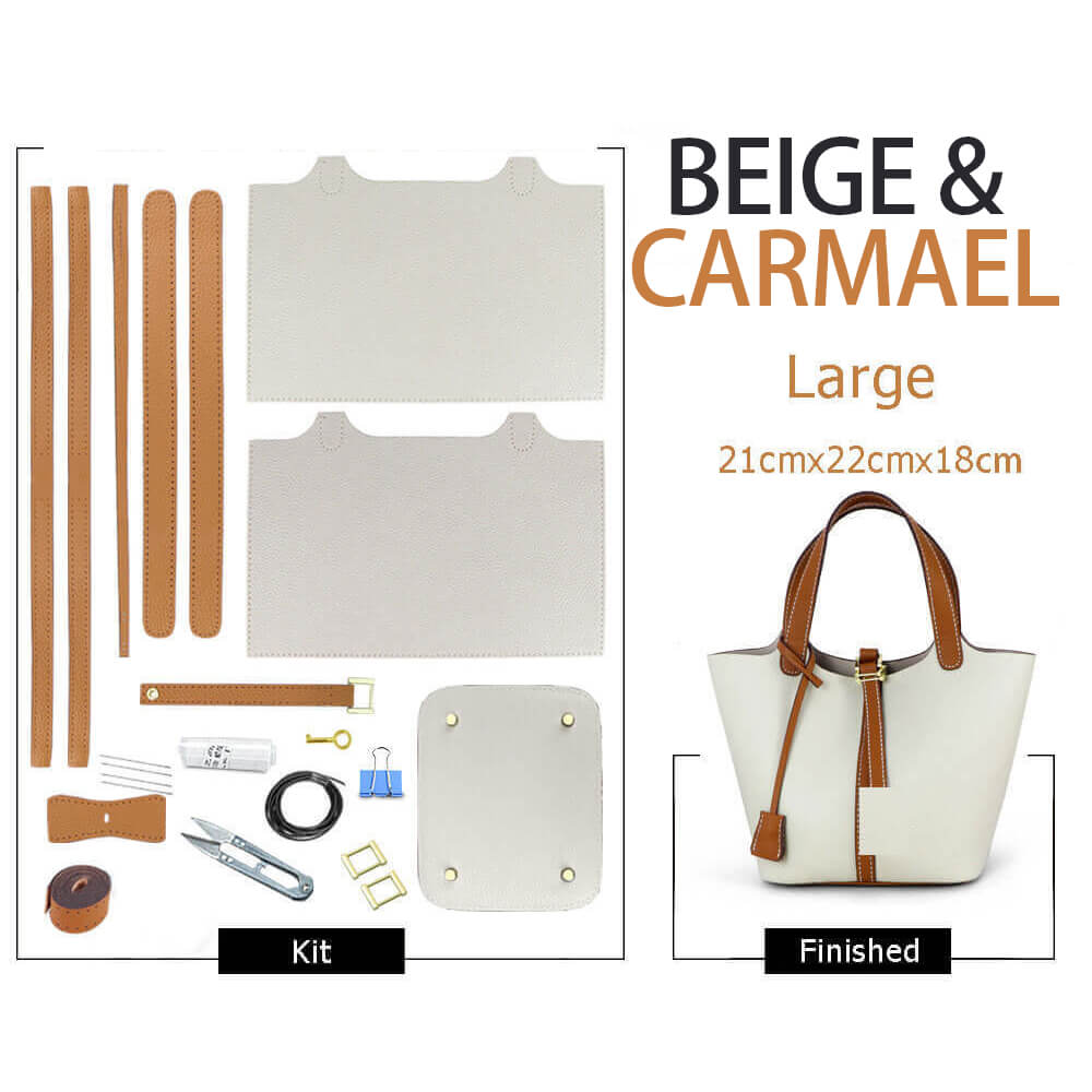 Lined Leather Picotin Bag DIY Kit – Babylon Leather - Babylon LeatherBabylon LeatherSY01-Lined-Beige & Caramel-Large-Gold & White