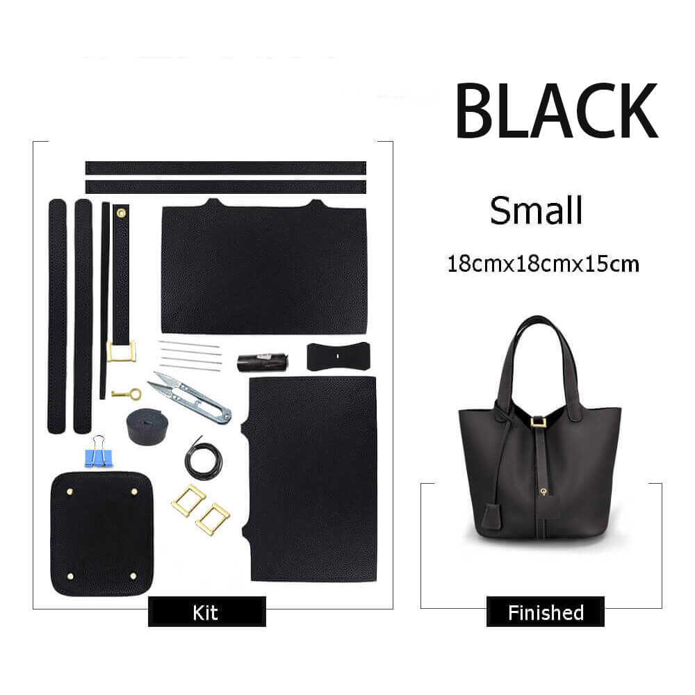 Lined Leather Picotin Bag DIY Kit – Babylon Leather - Babylon LeatherBabylon LeatherSY01-Lined-Black-Small-Gold & Color-Matched