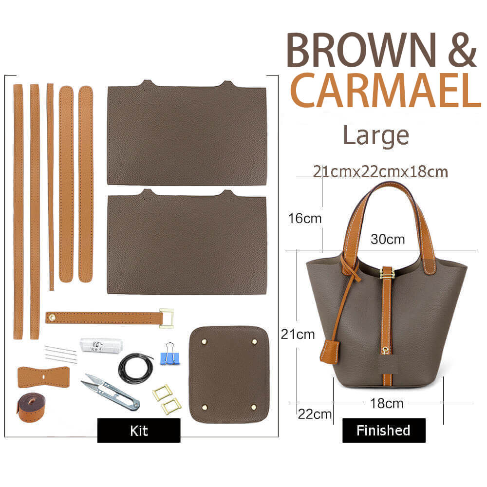 Lined Leather Picotin Bag DIY Kit – Babylon Leather - Babylon LeatherBabylon LeatherSY01-Lined-Brown & Caramel-Large-Gold & White