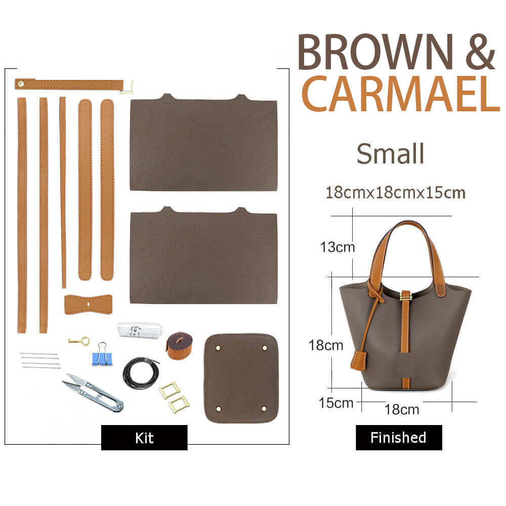 Lined Leather Picotin Bag DIY Kit – Babylon Leather - Babylon LeatherBabylon LeatherSY01-Lined-Brown & Caramel-Small-Gold & White