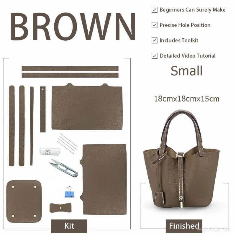 Lined Leather Picotin Bag DIY Kit – Babylon Leather - Babylon LeatherBabylon LeatherSY01 - Lined - Brown - Small - Gold & White
