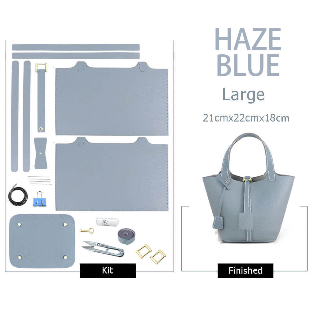 Lined Leather Picotin Bag DIY Kit – Babylon Leather - Babylon LeatherBabylon LeatherSY01-Lined-Haze Blue-Large-Gold & White