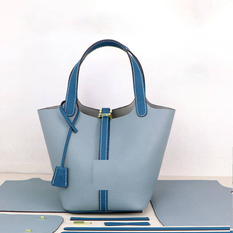 Lined Leather Picotin Bag DIY Kit – Babylon Leather - Babylon LeatherBabylon LeatherSY01-Lined-Haze Blue & Peacock Blue-Large-Gold & White