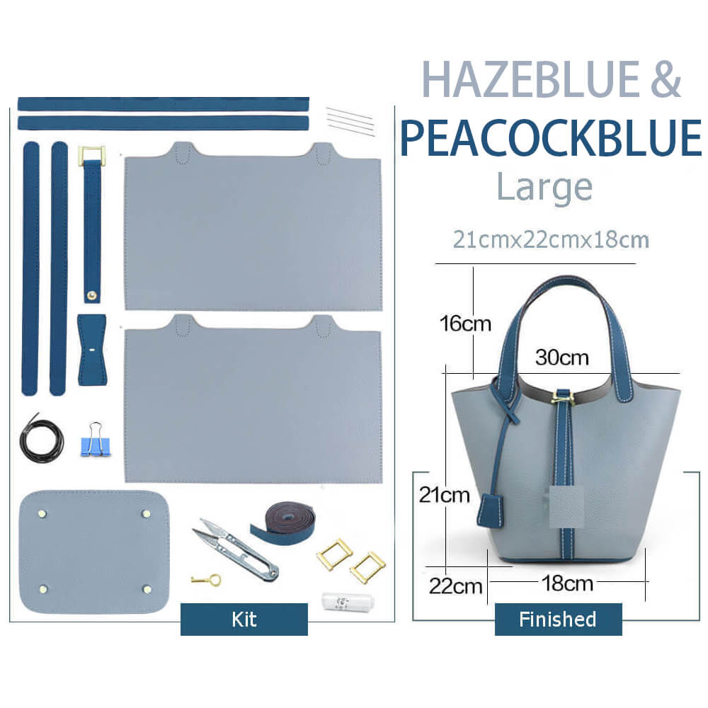 Lined Leather Picotin Bag DIY Kit – Babylon Leather - Babylon LeatherBabylon LeatherSY01-Lined-Haze Blue & Peacock Blue-Large-Gold & White
