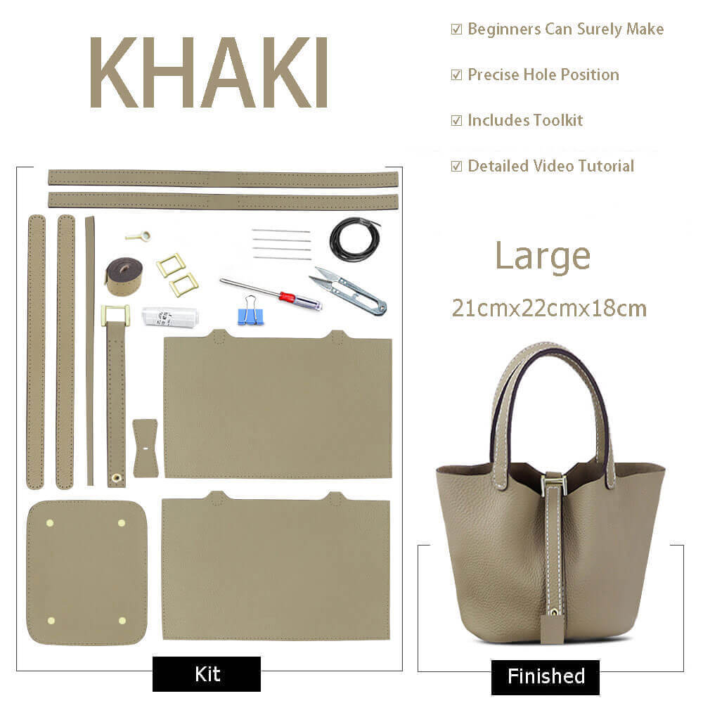 Lined Leather Picotin Bag DIY Kit – Babylon Leather - Babylon LeatherBabylon LeatherSY01 - Lined - Khaki - Large - Gold & White