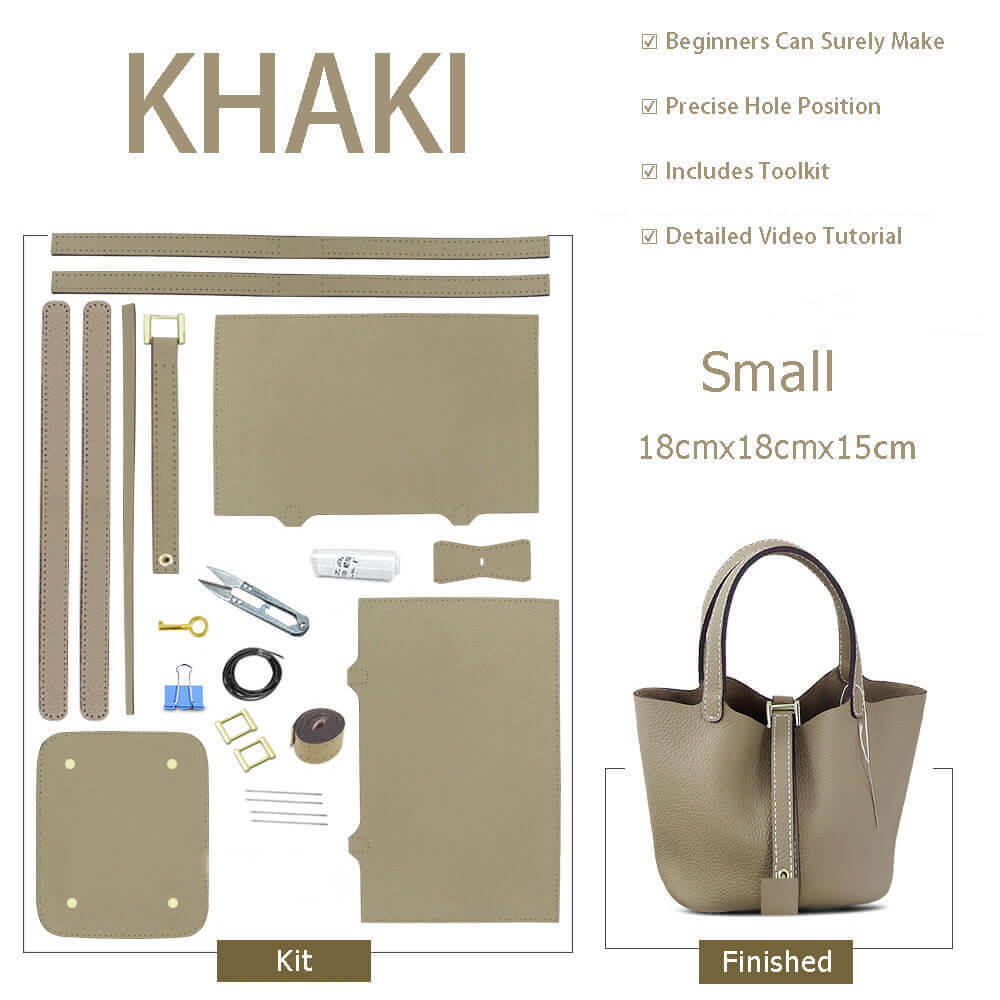 Lined Leather Picotin Bag DIY Kit – Babylon Leather - Babylon LeatherBabylon LeatherSY01 - Lined - Khaki - Small - Gold & White