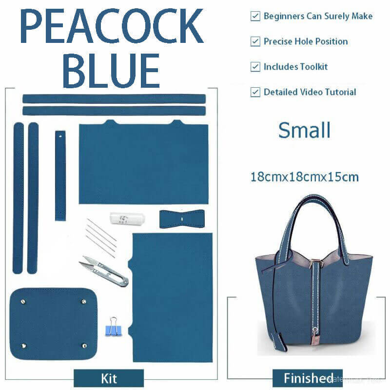Lined Leather Picotin Bag DIY Kit – Babylon Leather - Babylon LeatherBabylon LeatherSY01 - Lined - Peacock Blue - Small - Gold & Beige