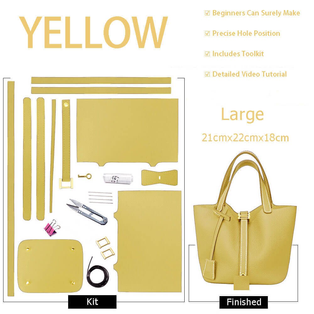 Lined Leather Picotin Bag DIY Kit – Babylon Leather - Babylon LeatherBabylon LeatherSY01 - Lined - Yellow - Large - Gold & White