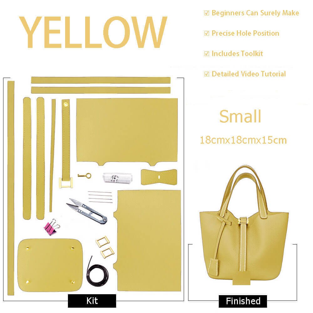 Lined Leather Picotin Bag DIY Kit – Babylon Leather - Babylon LeatherBabylon LeatherSY01 - Lined - Yellow - Small - Gold & White
