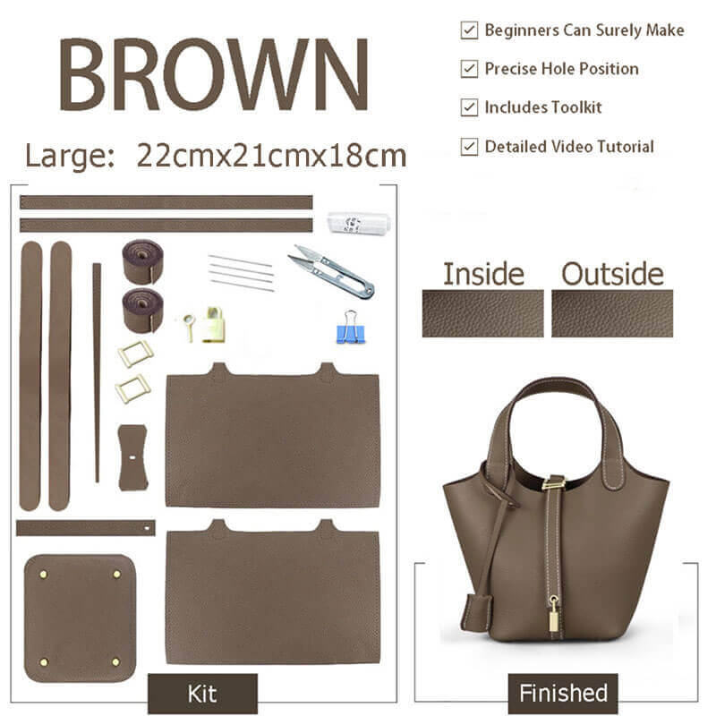 Lined Togo Leather Picotin Bag DIY Kit – Babylon Leather - Babylon LeatherBabylon LeatherSY40-Brown-Lined & Large-Gold & White