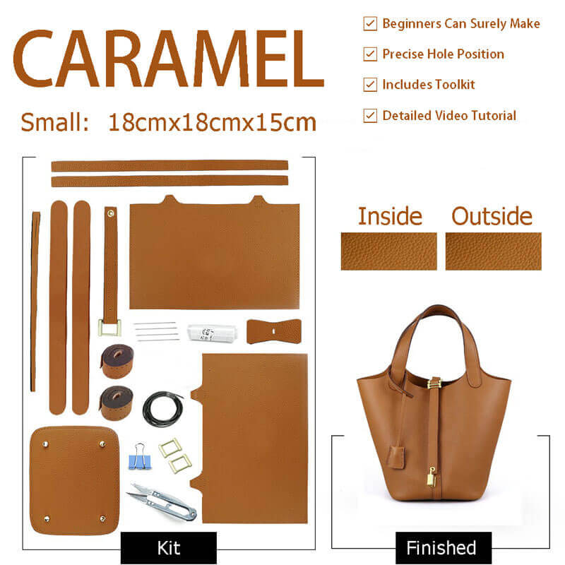 Lined Togo Leather Picotin Bag DIY Kit – Babylon Leather - Babylon LeatherBabylon LeatherSY40-Caramel-Lined & Small-Gold & White