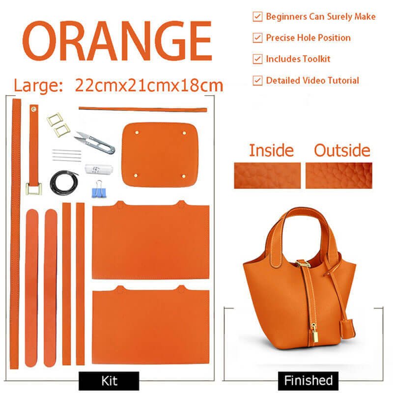 Lined Togo Leather Picotin Bag DIY Kit – Babylon Leather - Babylon LeatherBabylon LeatherSY40-Orange-Lined & Small-Gold & White