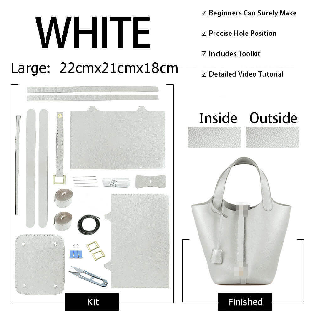 Lined Togo Leather Picotin Bag DIY Kit – Babylon Leather - Babylon LeatherBabylon LeatherSY40-White-Lined & Large-Gold & Color-Matched
