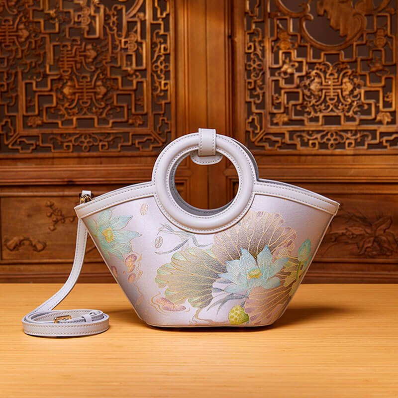Lotus Awakening Leather and Silk Handbag – Babylon Leather - Babylon LeatherBabylon LeatherTX046-Grey