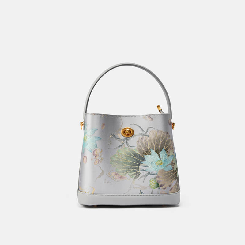 Lotus Awakening Leather and Silk Handbag Handbag – Babylon Leather - Babylon LeatherBabylon LeatherTX205-Grey