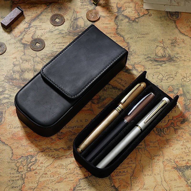 Magnetic Drawer Pen Box 3-Slot Crazy Horse Leather – Babylon Leather - Babylon LeatherBabylon LeatherAN30-Black