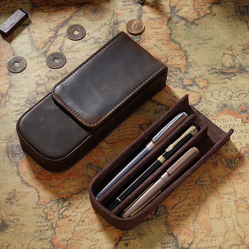 Magnetic Drawer Pen Box 3-Slot Crazy Horse Leather – Babylon Leather - Babylon LeatherBabylon LeatherAN30-Coffee