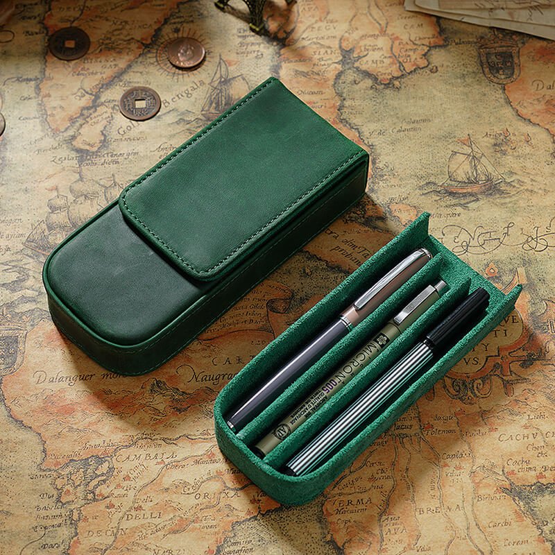 Magnetic Drawer Pen Box 3-Slot Crazy Horse Leather – Babylon Leather - Babylon LeatherBabylon LeatherAN30-Dark Green