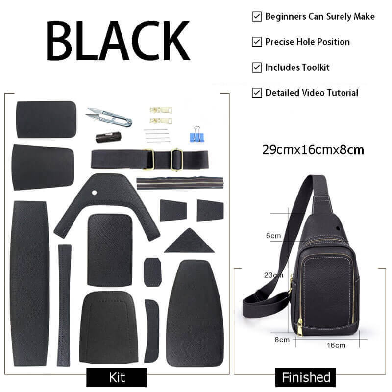 Men’s Lychee Pattern Leather Sling Bag DIY Kit – Babylon Leather - Babylon LeatherBabylon LeatherSY25 - Black - Color - Matched