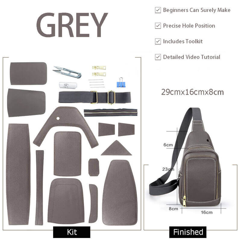 Men’s Lychee Pattern Leather Sling Bag DIY Kit – Babylon Leather - Babylon LeatherBabylon LeatherSY25 - Grey - Color - Matched