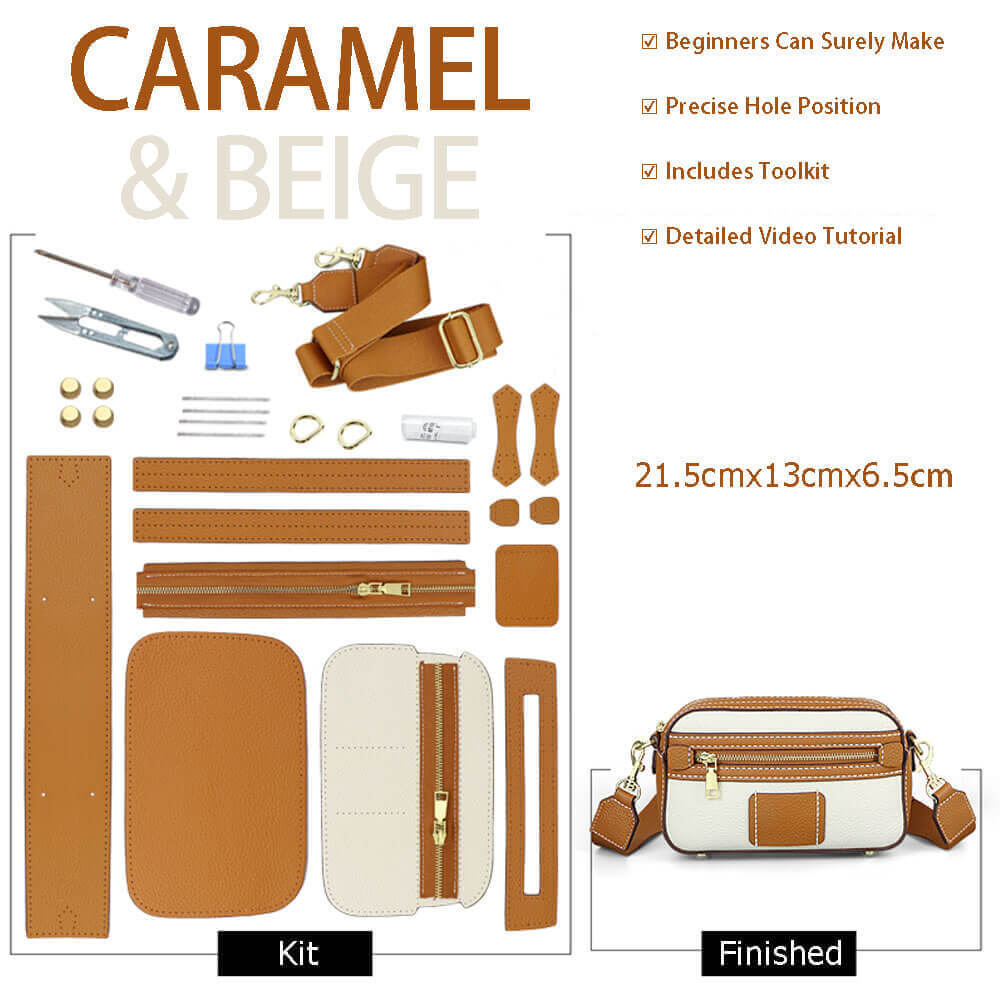 Men’s Square Leather Shoulder Bag DIY Kit – Babylon Leather - Babylon LeatherBabylon LeatherSY64-Caramel & Beige-White