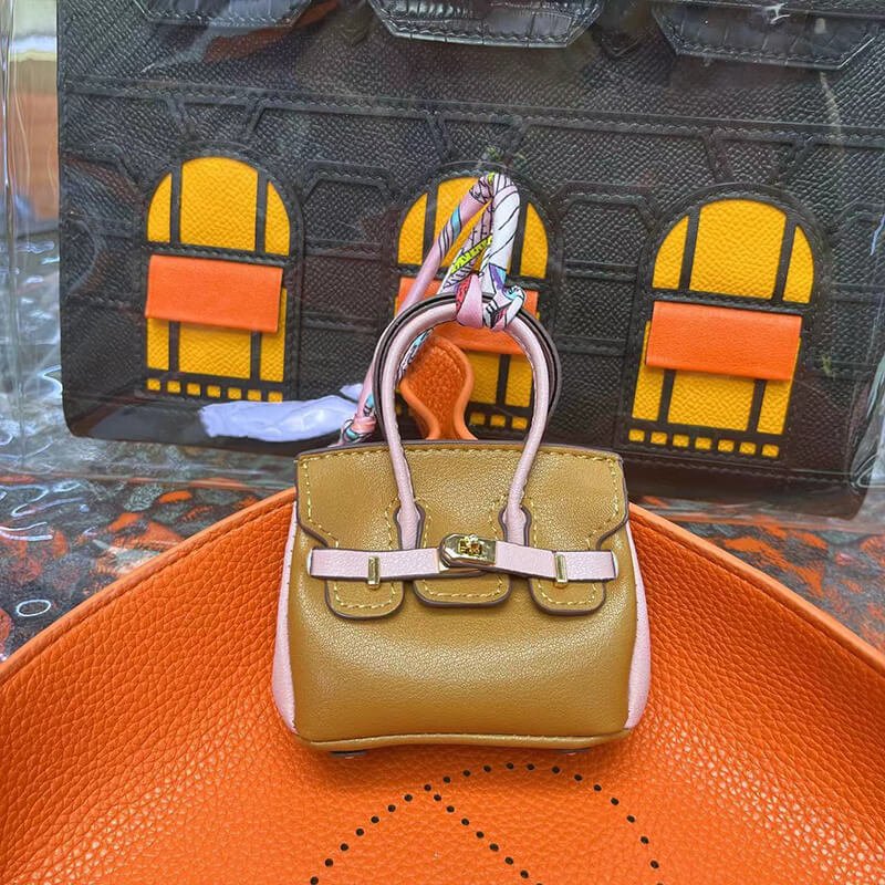 Mini Birkin-Style Earbud Case Bag Charm - Babylon LeatherBabylon LeatherCLJ05-Light Pink & Brown
