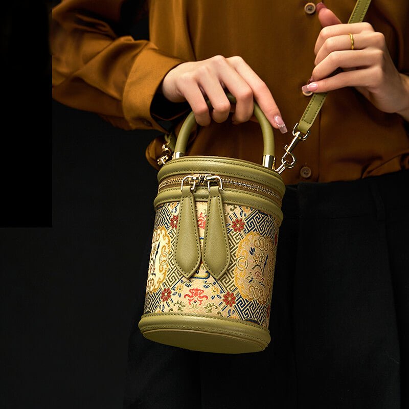 Serene Bloom Leather and Silk Bucket Bag – Babylon Leather - Babylon LeatherBabylon LeatherTX177-Green