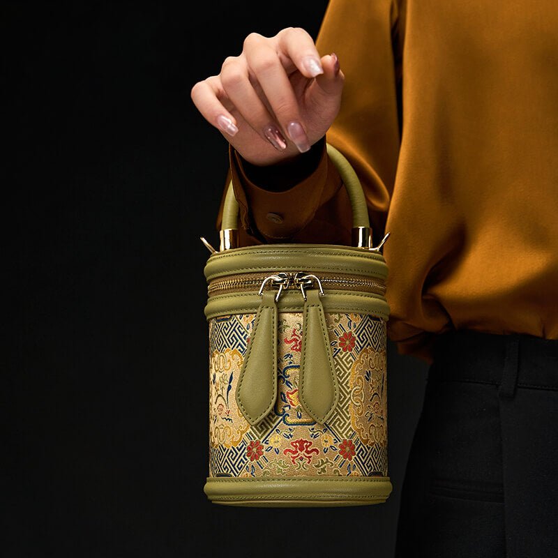 Serene Bloom Leather and Silk Bucket Bag – Babylon Leather - Babylon LeatherBabylon LeatherTX177-Green