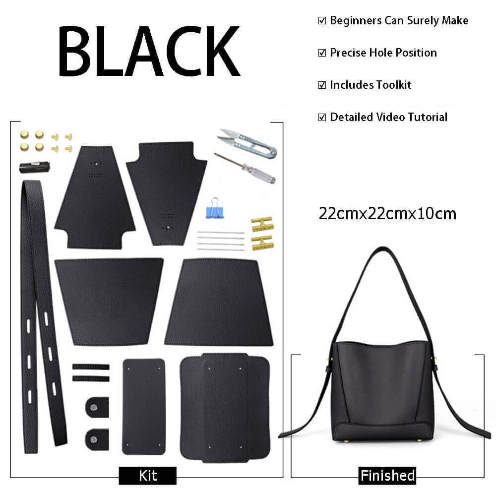 Shoulder Bucket Bag DIY Leather Craft Kit – Babylon Leather - Babylon LeatherBabylon LeatherSY72-Lychee-Black-Color-Matched