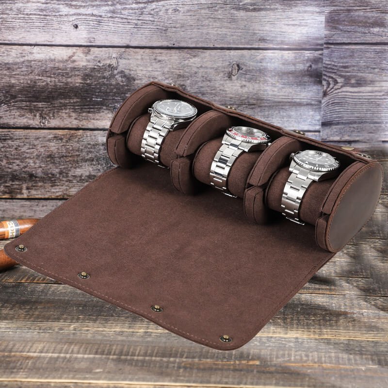 Snap-Closure Crazy Horse Leather Watch Roll, 3 Slots – Babylon Leather - Babylon LeatherBabylon LeatherSD13-Coffee
