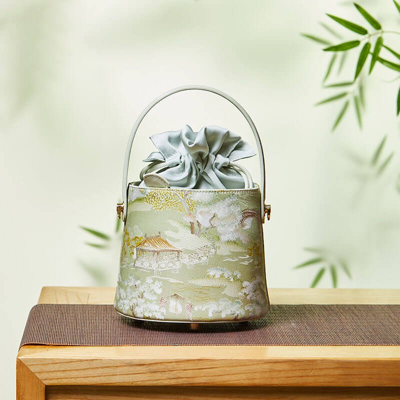 Tranquil Pavilion Leather and Silk Bucket Bag – Babylon Leather - Babylon LeatherBabylon LeatherTX047-Green