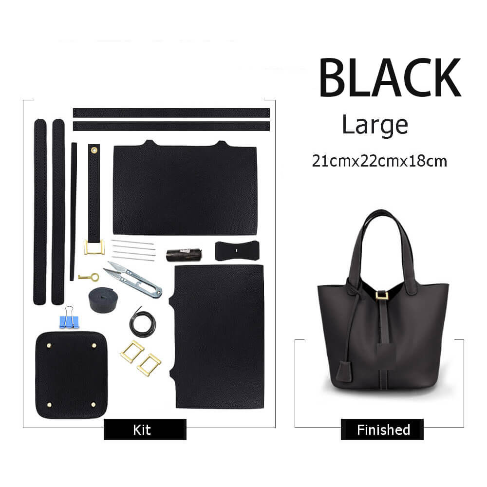 Unlined Leather Picotin Bag DIY Kit - Babylon Leather - Babylon LeatherBabylon LeatherSY01-Unlined-Black-Large-Gold & Color-Matched