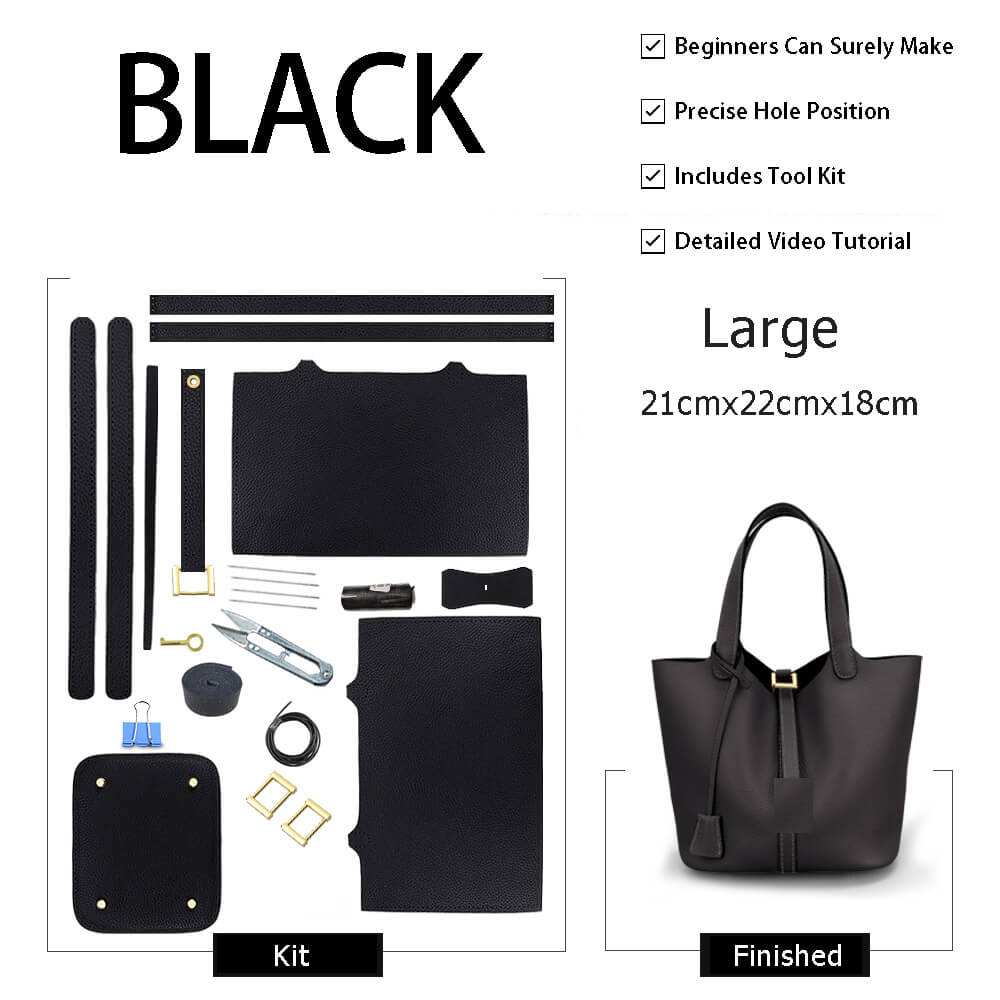 Unlined Leather Picotin Bag DIY Kit - Babylon Leather - Babylon LeatherBabylon LeatherSY01-Unlined-Black-Large-Gold & Color-Matched