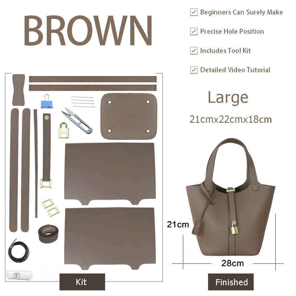 Unlined Leather Picotin Bag DIY Kit - Babylon Leather - Babylon LeatherBabylon LeatherSY01-Unlined-Brown-Large-Gold & White
