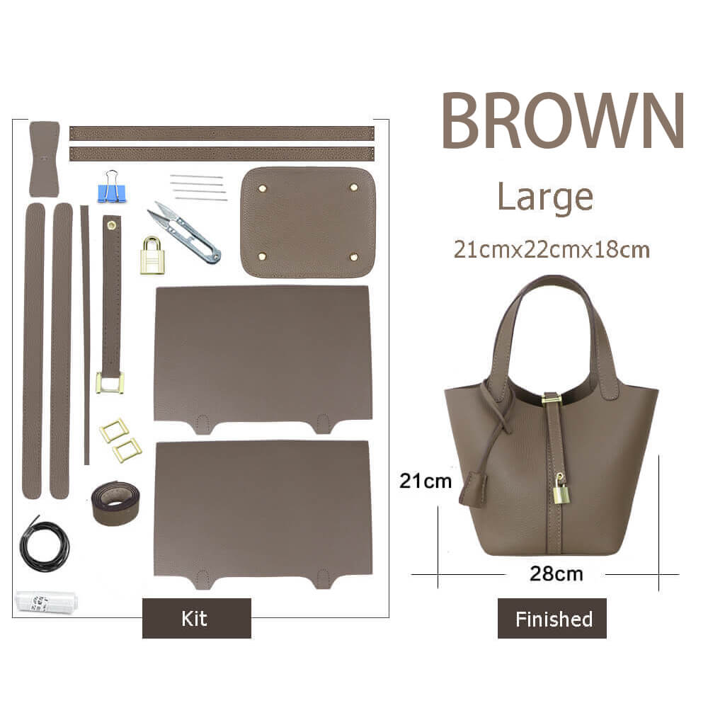 Unlined Leather Picotin Bag DIY Kit - Babylon Leather - Babylon LeatherBabylon LeatherSY01-Unlined-Brown-Large-Gold & White