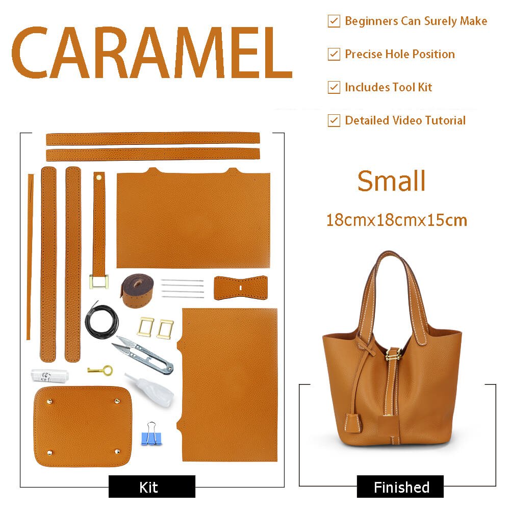 Unlined Leather Picotin Bag DIY Kit - Babylon Leather - Babylon LeatherBabylon LeatherSY01-Unlined-Caramel-Small-Gold & White