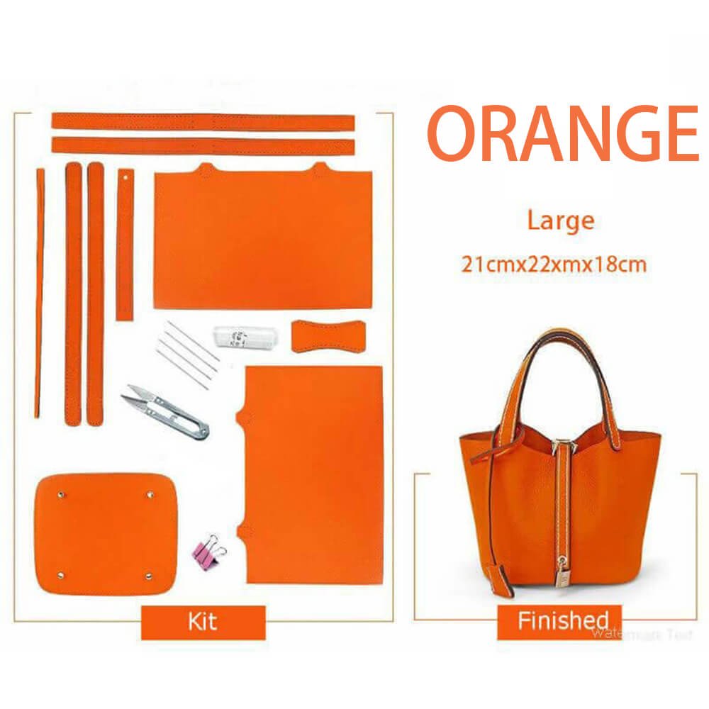 Unlined Leather Picotin Bag DIY Kit - Babylon Leather - Babylon LeatherBabylon LeatherSY01-Unlined-Orange-Large-Gold & White