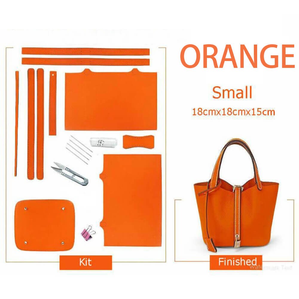 Unlined Leather Picotin Bag DIY Kit - Babylon Leather - Babylon LeatherBabylon LeatherSY01-Unlined-Orange-Small-Gold & White