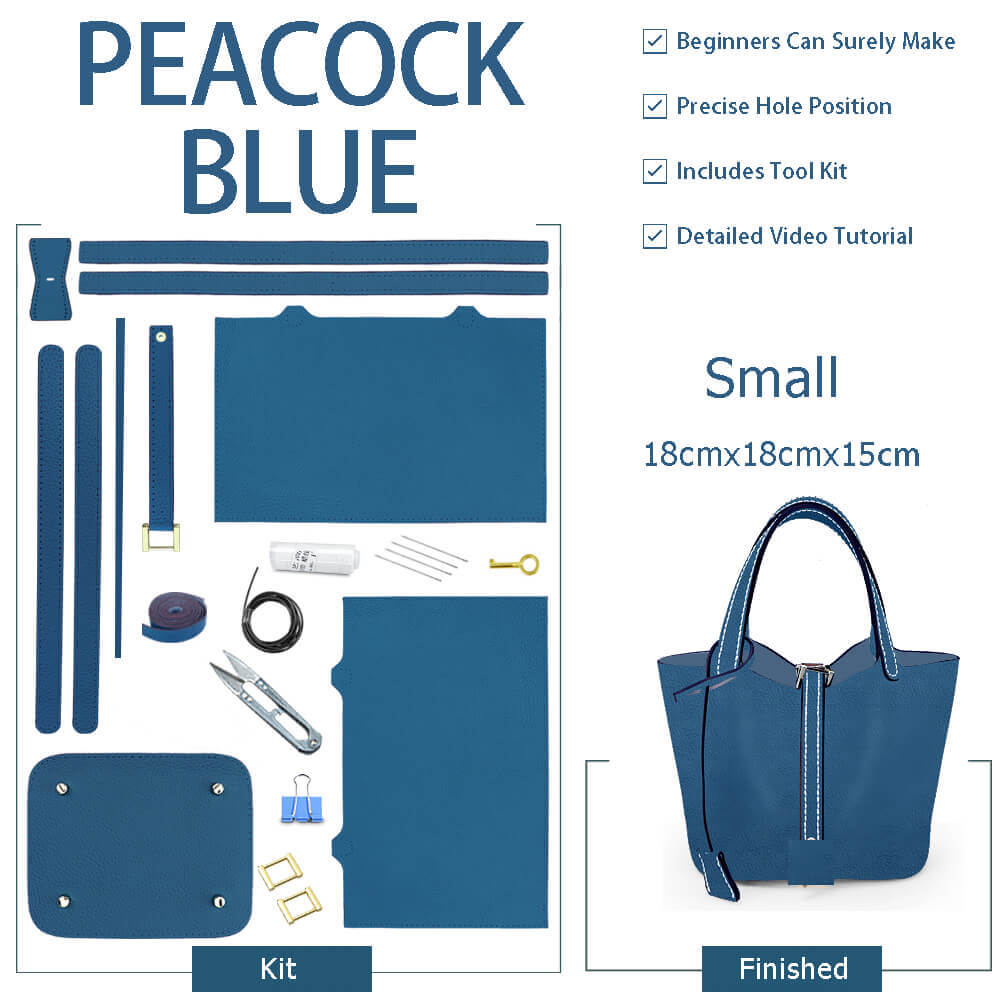 Unlined Leather Picotin Bag DIY Kit - Babylon Leather - Babylon LeatherBabylon LeatherSY01-Unlined-Peacock Blue-Small-Silver & Beige