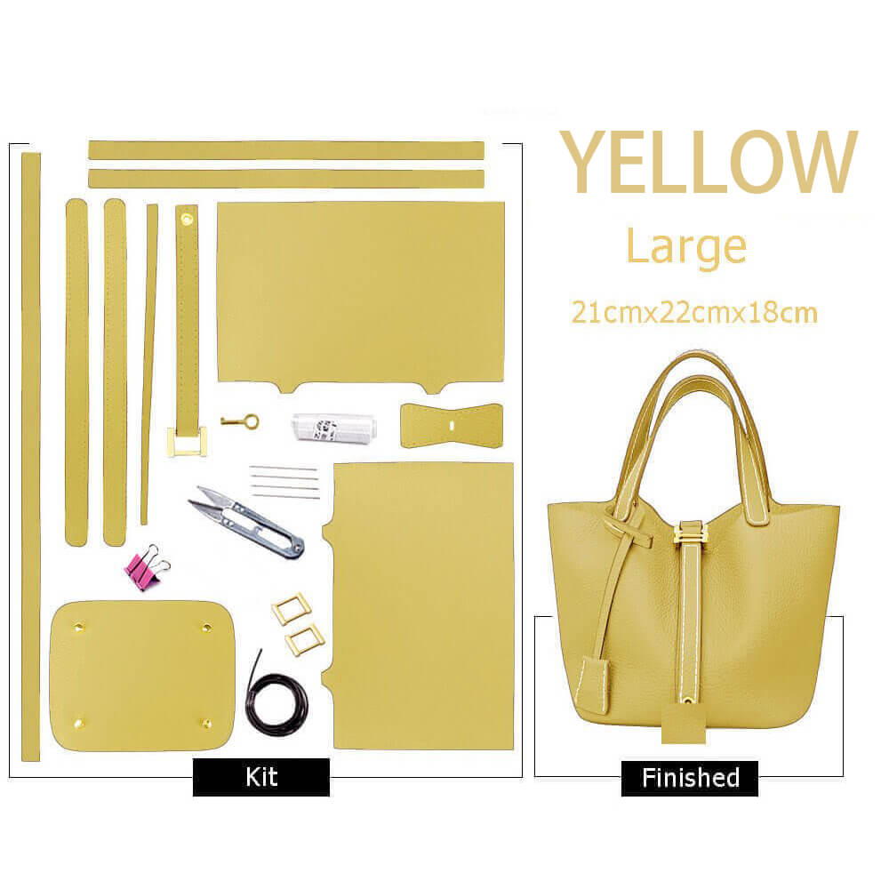 Unlined Leather Picotin Bag DIY Kit - Babylon Leather - Babylon LeatherBabylon LeatherSY01-Unlined-Yellow-Large-Gold & White