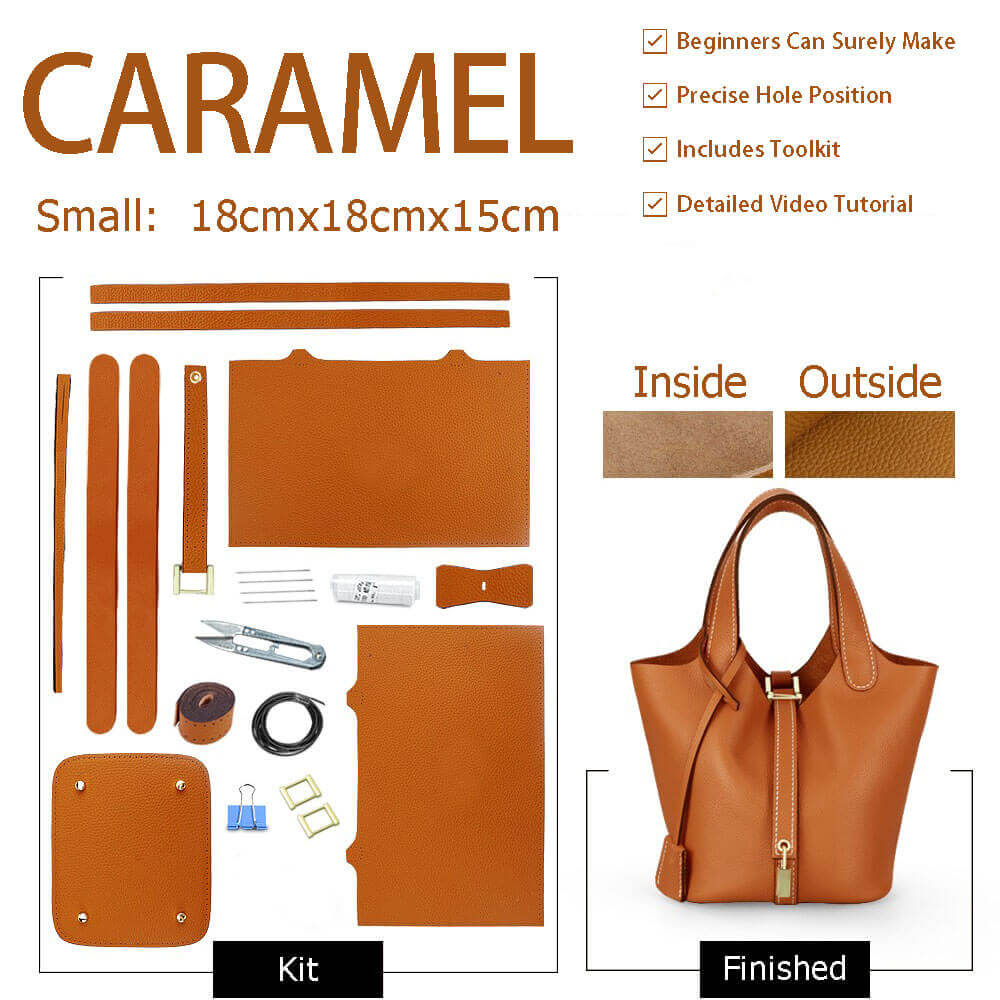 Unlined Togo Leather Picotin Bag DIY Kit – Babylon Leather - Babylon LeatherBabylon LeatherSY40-Caramel-Unlined & Small-Gold & White