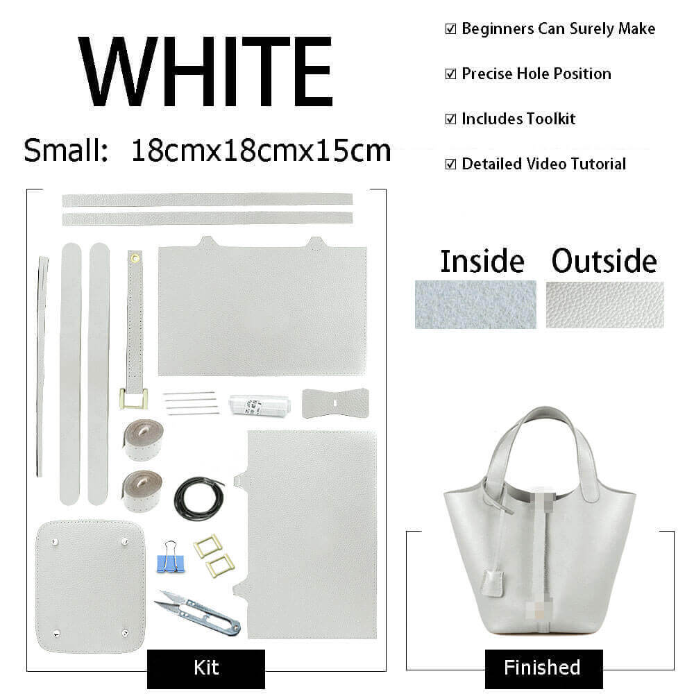 Unlined Togo Leather Picotin Bag DIY Kit – Babylon Leather - Babylon LeatherBabylon LeatherSY40-White-Unlined & Small-Gold & Color-Matched