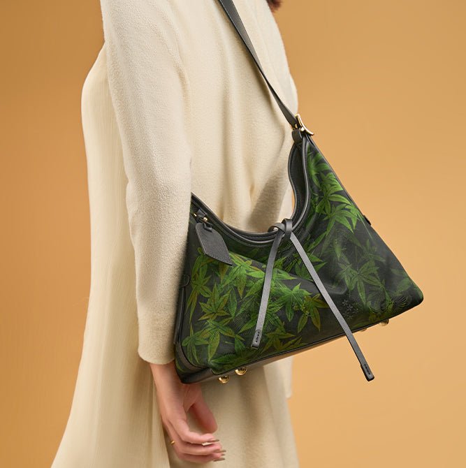 Verdant Whisper Leather and Silk Shoulder Bag – Babylon Leather - Babylon LeatherBabylon LeatherTX017-Black