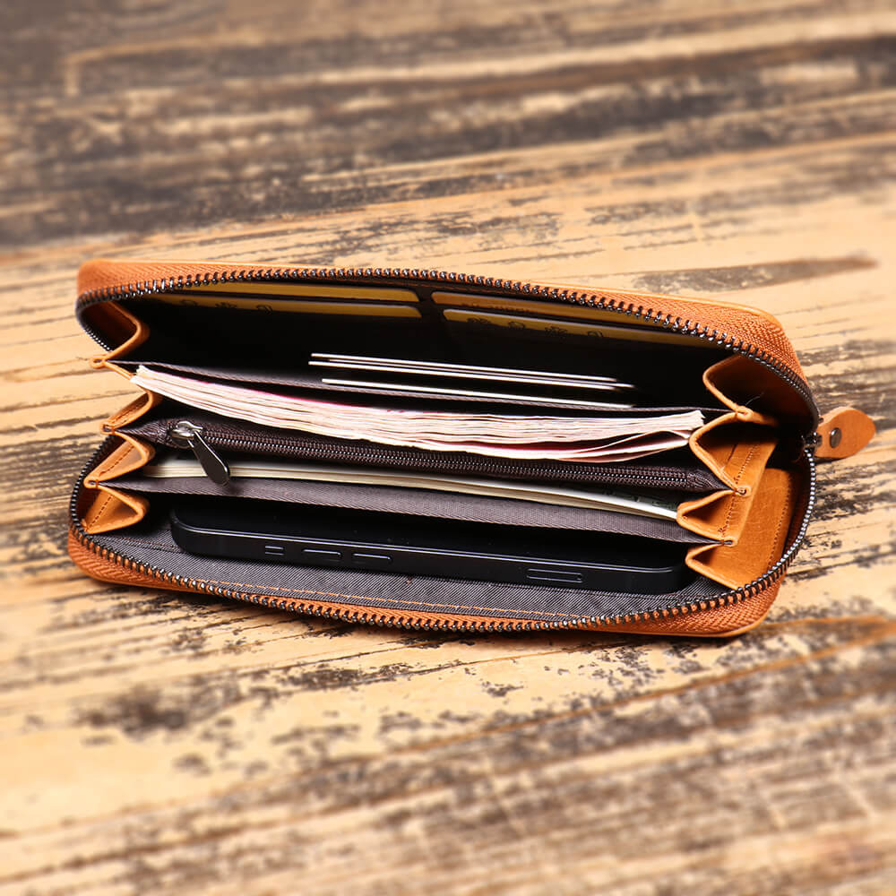 Vintage Oil - Waxed Top - Grain Leather Long Zipper Clutch Wallet – Babylon Leather - Babylon LeatherBabylon LeatherLJ147-Yellow